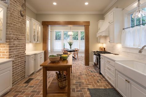 (18) HGTV on Twitter: "The kitchen’s brick floors and chimney add “just the right amount of warmth with so much white.” @ErinRNapier #HGTVHomeTown #LiveTweetCrew https://t.co/BFV1WITohW" / Twitter Brick Kitchen Floor, Hgtv Home Town, Home Floor Design, Hgtv Living Room, Home Town Hgtv, Brick Floors, Hgtv Kitchens, Plumbing Pipe Furniture, Craftsman Cottage