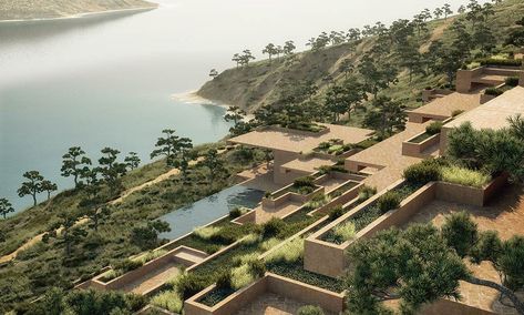 Stone Terrace Resort Hotel by ENOTA | Design Raid Stone Terrace, Thermal Hotel, Cliff Hotel, Terrace Hotel, Terrace Building, Slope House, Modern Architecture Interior, Resort Architecture, Sea Resort