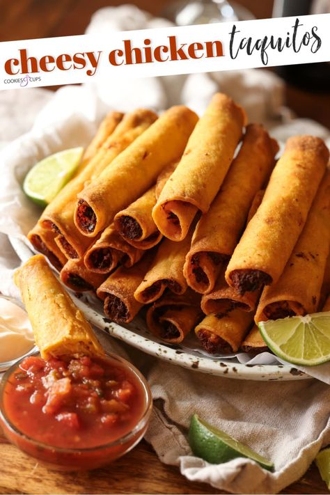 My Cheesy Chicken Taquitos Recipe is a family favorite! Crispy tortillas filled with chicken, cheeses, and seasoning, taquitos area super easy recipe to prep ahead and great for a weeknight dinner, or for entertaining. Taquitos Baked, Chicken Taquitos Recipe, Best Coconut Cake Recipe, Cookies And Cups, Taquitos Recipe, Reheat Chicken, Creamy Ranch Dressing, Popular Dinner Recipes, Super Easy Dinner