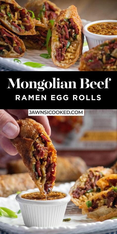 Ramen And Egg, Mongolian Beef Ramen, Mongolian Sauce, Beef Ramen, Ramen Egg, Angus Steak, Bite Size Appetizers, Mongolian Beef, Egg Roll Recipes