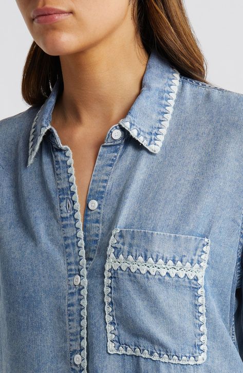 Boho Chic Fall, Embroidered Denim Shirt, Kurti Neck, Kurti Neck Designs, Embroidered Denim, Delicate Details, Light Denim, Denim Shirt, Neck Designs