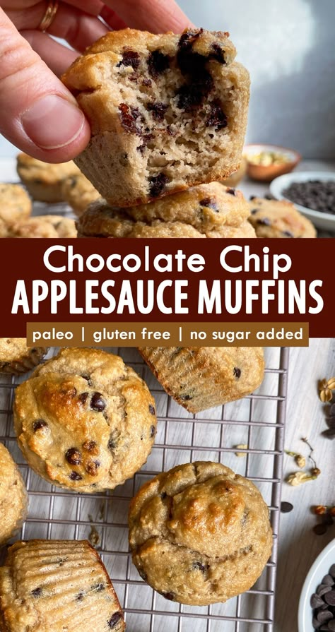 These healthy chocolate chip applesauce muffins are a great kid friendly breakfast treat or after school snack. They're made with almond flour and only sweetened with applesauce (no sugar added). This applesauce muffin recipe is gluten free, dairy free and paleo friendly. Sugar Free Snacks For Kids, Kid Friendly Breakfast, Gluten Free Chocolate Chip Muffins, Recipe Using Applesauce, Applesauce Muffin Recipe, Healthy Chocolate Chip Muffins, Baking With Applesauce, Muffins Gluten Free, Inflammation Recipes