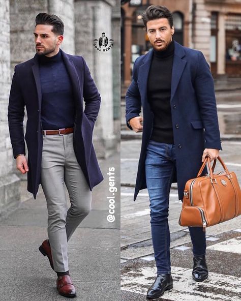 Cool Gents on Instagram: “🔥outfits! Left or right? Leave your thoughts on the looks below👇👇. . . . . . . . . . #clothingformens #streetfashion #menfashions…” Mens Navy Blue Outfit, Navy Blue Outfit Men, Grwm Men, Navy Coat Outfit, Blue Outfit Men, Mens Formal Outfits, Navy Overcoat, Navy Blue Outfit, Smart Casual Menswear