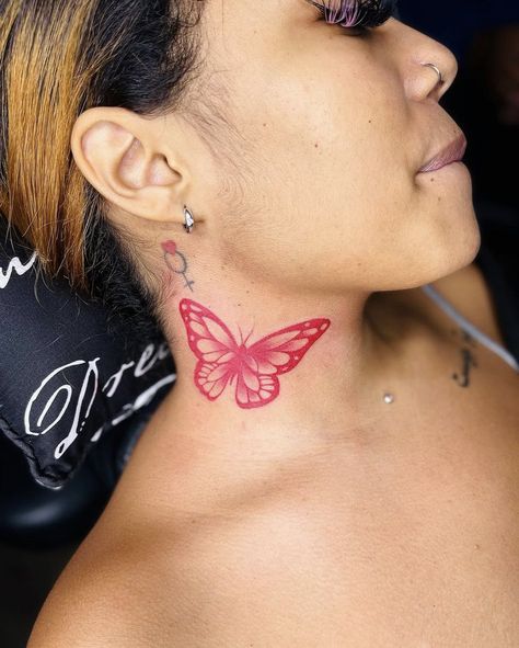 Butterfly On Neck Tattoo, Cute Neck Tattoos For Women, Cute Neck Tattoos, Red Ink Butterfly Tattoo, Tattoos For Women Butterfly, Neck Tattoos For Women, Face Tattoos For Women, Neck Tattoos Women, Tattoos For Black Skin