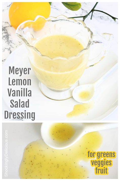 Meyer Lemon Vanilla Salad Dressing: A hint of sweetness, a perfume of vanilla and the tang of Meyer lemon create a flavorful and versatile dressing for salads, grilled vegetables or even fruit. #shockinglydelicious #lemonsaladdressing #saladdressing #Meyerlemonrecipe Awesome Salads, Lemon Salad Dressings, Citrus Party, Summertime Food, Spice Rubs, Lemon Salad, Fantastic Recipes, Summer Sides, Homemade Pantry