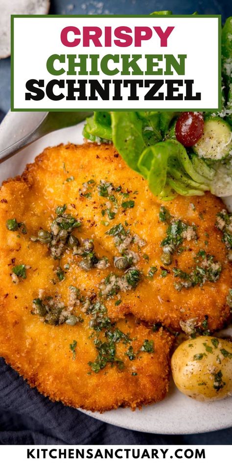 Our Crispy Chicken Schnitzel delivers a perfect golden crunch with every bite. Coated in seasoned panko breadcrumbs and served with a flavorful garlic-caper butter, it’s a meal that’s both satisfying and elegant. Pair it with lemon wedges, steamed potatoes, and a butter lettuce salad for a complete dinner that’s sure to impress. Crispy, tender, and irresistible! Crispy Chicken Schnitzel, Roast Dinner Sides, Butter Lettuce Salad, Chicken And Potato Curry, Main Dish For Potluck, Easy German Recipes, Lemon Chicken Piccata, Curry Pasta, Steamed Potatoes