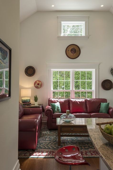 Warm and Cozy White Living Room with Red Leather Furniture Red Leather Couch Living Room, Red Leather Couch, Micro Cottage, Red Leather Couches, Red Leather Sofa, Big Porch, White Furniture Living Room, A Small House, Interior Design Boards