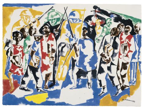 Jacob Lawrence. Soldiers and Students. 1962. Opaque watercolor over graphite on wove (Arches) paper, 22 7/16 × 30 7/16 Jacob Lawrence, Brooklyn Museum Of Art, St Louis Art, African American Museum, Atlanta Artist, Found Art, Doll Painting, Civil Rights Movement, Norman Rockwell