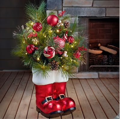 Costco Christmas, Santa's Boots, Painted Boots, Longleaf Pine, Chocolate Pinata, Santa Decor, Christmas Boots, Santa Boots, Holiday Arrangement