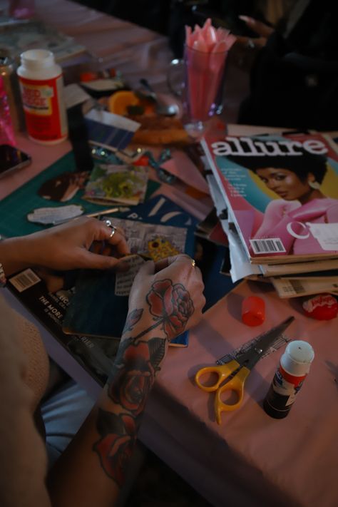 We brought a bunch of magazines, cute pastries, drinks, and got so much inspiration by collaging with each orher. Mood Board Party, Cute Pastries, Collage Party, Friends Collage, 25th Bday, Board Collage, Vision Board Collage, Listening Party, Board Party