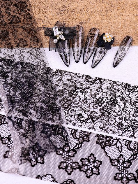 Black    Paper  Nail Foil Embellished   Beauty Tools Black Lace Nails, Pattern Nail Art, Nail Foil, Lace Nails, Transfer Foil, Nail Patterns, Foil Nails, Black Paper, Lace Pattern