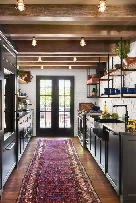 15 Galley Kitchen Design Ideas to Try Right Now Farmhouse Galley Kitchen, Faux Ceiling Beams, Cabin Remodel, Small Galley Kitchen, Galley Kitchen Design, Devol Kitchens, Glass Doors Interior, Galley Kitchen, Eat In Kitchen