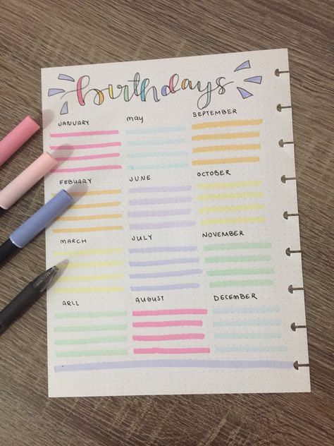 Bujo Birthdays Page, Birthday Planner Ideas, Diy Yearly Planner, Birthdays Journal Page, 2024 Journal Planner, Birthday List Journal, Birthday Dairy Ideas, Goal Page Bullet Journal, Birthday Diary Ideas