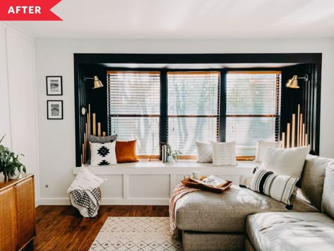 Living Room Window Seat, Room Focal Point, Luxe Living Room, Apartments Decorating, Living Room Window, Decorating Farmhouse, Window Seats, Black And White Tiles, White Windows