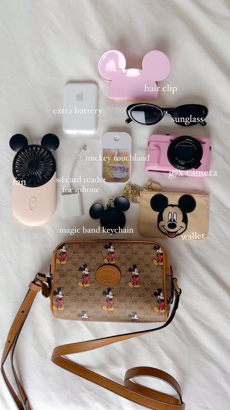 nikki mouse | what’s in my bag, disney day edition ✨ | Instagram Disneyland Bag Essentials, Disney Day Bag Essentials, Disney Trip Essentials, Disneyland Park Bag Essentials, Disney Style Minnie Mouse Bag For Disney Trips, Disney Nuimos On Bag, Black Disney-style Bag For Theme Park, What’s In My Disney Park Bag, Disney Essentials