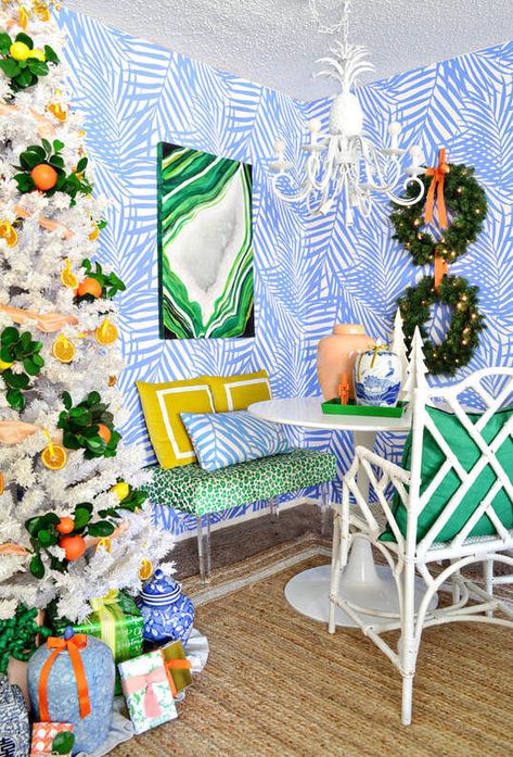 Christmas Home Tour 2020 Palm Beach Christmas, Beach Christmas Decor, Beach Cottage Kitchen, Dimples And Tangles, It’s A Wonderful Life, Palm Beach Style, Christmas Party Themes, Christmas Is Over, Blue Chinoiserie