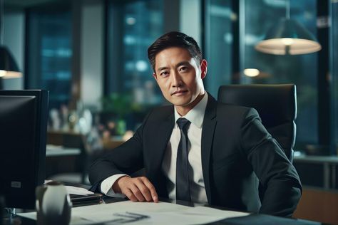 Portrait of a Handsome Businessman in Modern Office, Asian Manager Looking at Camera and Smiling, Confident Male CEO Planning and Managing Company Strategy. Ceo Poses Men, Korean Ceo Man, Ceo Male, Ceo Portraits Men, Ceo Man, Business Man Photography Office, Ceo Desk, Ceo Company, Office Men