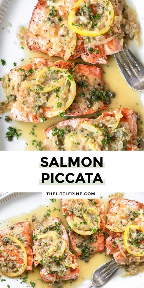 Tender, perfectly cooked fish, and a luxurious sauce spiked with capers, this salmon piccata makes an easy dinner feel extra elegant. #salmonpiccata #lowcarbsalmonpiccata Unique Salmon Dishes, Fish Main Dishes, Baked Fish Fillet Recipe, Elegant Fish Recipes, Salmon Recipes With Capers, Salmon Accompaniments, Summer Fish Dinner, Salmon Picatta Recipe, Halibut Piccata