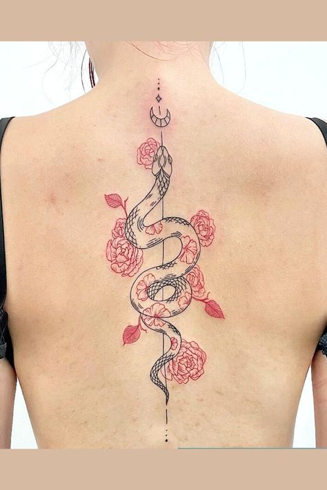 Spine Tattoo Red, Snake Spine Tattoo, Snake And Dagger Tattoo, Back Tattoo Women Spine, Back Tattoos Spine, Flower Spine Tattoos, Tattoo Red, Snake Tattoo Design, Red Snake