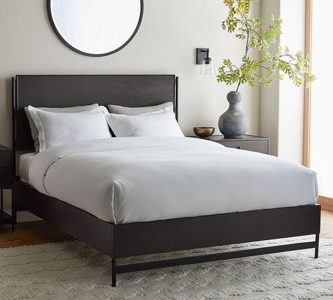 Warren Platform Bed, Queen, Walnut | Pottery Barn Nightstands Wood, Pottery Barn Bed, Tall Platform Bed, Barn Bed, Wood Swatches, Pottery Barn Bedrooms, Platform Bed Queen, Metal Nightstand, Black Pottery