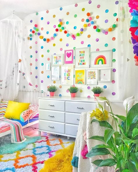 Bright Kids Room, Bright Bedding, Rainbow Room Kids, Rainbow Bedroom, Colorful Kids Room, Polka Dot Walls, Toddler Girl Room, Rainbow Room, Girl’s Room