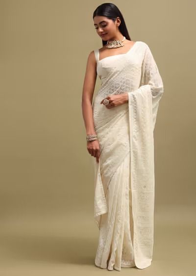 Off White Georgette Chikankari Embroidered Saree With Unstitiched Blouse White Chikankari Saree, Off White Saree, Chikankari Saree, Kalki Fashion, White Saree, Embroidered Saree, Designer Sarees, Ethnic Wear, White Wedding