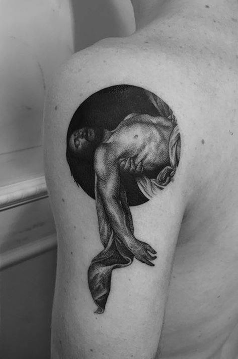 Caravaggio's The Entombment of Christ inspired tattoo on the back of the left arm. Holy Tattoos, Gang Tattoos, Christ Tattoo, Worlds Best Tattoos, Statue Tattoo, Cool Tattoos For Guys, Painting Tattoo, Tattoo Magazines, Dark Tattoo