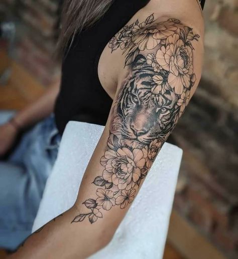 Lion And Lotus Flower Tattoo, Lion Arm Tattoo Women, Tigress Tattoo, Unique Animal Tattoos, Animal Tattoos For Women, Tiger Tattoo Sleeve, Tiger Tattoos, Jaguar Tattoo, Arm Sleeve Tattoos For Women