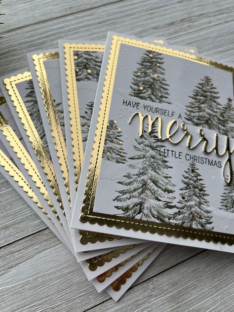 Set of 3 Handmade Note Cards Merry Christmas Peace & Joy Winter Snowy Trees Gold Foil Blank A2 Holiday Greeting Stationery - Etsy Handcrafted Christmas Cards, Homemade Holiday Cards, Christmas Peace, Stamped Christmas Cards, Simple Christmas Cards, Christmas Card Art, Beautiful Christmas Cards, Snowy Trees, Homemade Christmas Cards