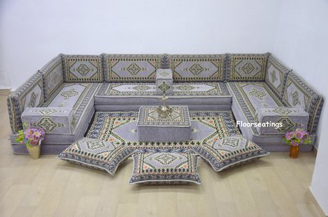 FOR NAEEM U shape 8'' thickness by FloorSeatings on Etsy Kilim Pattern Design, Ottoman Couch, Moroccan Sofa, Arabic Sofa, Floor Seating Cushions, Black Sectional, Boho Sofa, Backrest Pillows, Floor Couch