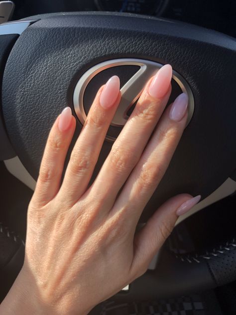 Clear Pink Gel Nails Almond, Almond Shaped Clear Nails, Almond Shape Natural Acrylics, Clear Pink Acrylic Nails Oval, Clear Pink Almond Acrylic Nails, Short Almond Clear Nails, Polygel Nails Almond Shape, Almond Nails By Skin Tone Range, Almond Nails Clear Pink