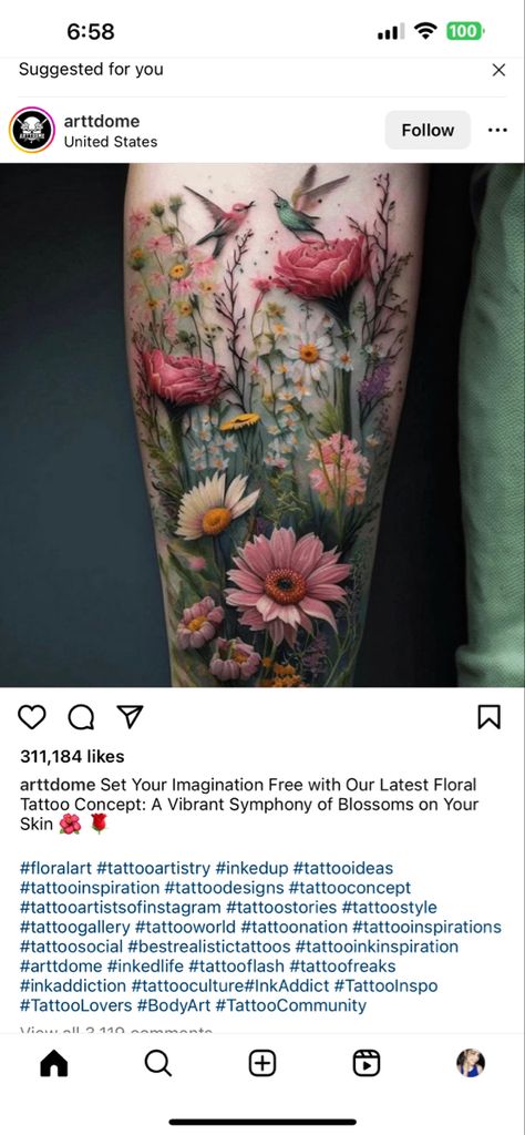 Wildflower Leg Tattoo, Flower Garden Tattoo, Floral Leg Sleeve Tattoo, Vintage Floral Tattoos, Lilly Tattoo, New Tattoo Styles, Flower Leg Tattoos, Sick Tattoos, Mama Tattoo