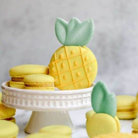 Pina Colada Macarons - Everything Marina Macarons Filling Recipe, Macarons Filling, Coconut Macarons, Colada Drinks, Madeleine Cookies, Cream Ganache, French Macaroon Recipes, Pina Colada Drinks, Tropical Desserts