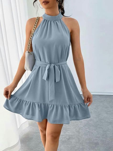 Blue Dresses Short Casual, Gray Summer Dress, Bat Mitzvah Dresses, Grey Blue Dress, Kids Winter Outfits, Sky Blue Dress, Blue Dress Short, Blue Sleeveless Dress, Cute Prom Dresses