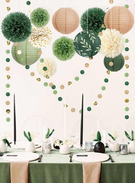 AOBKIAT Party Decorations Paper Lanterns Set, 12Pcs Green Brown Hanging Paper Lantern for Green Boho Wedding Party, Birthday, Bridal Showers : Amazon.co.uk: Home & Kitchen Lantern Birthday Party Decor, Leaf Party Decorations, Matcha Party Decorations, Natural Decor Ideas Party, Botanical Decorations Party, Paper Lantern Birthday Decor, Zen Party Decorations, Botanical Party Decorations, Sage Green And Brown Party Decorations