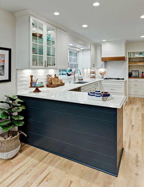 This kitchen peninsula uses blue painted shiplap by Dura Supreme Cabinetry to add a beautiful pop of color to the design. Kitchen design by Kristen Peck of Knight Construction Design, Inc., Minnesota. Small Kitchen With Peninsula, Small Kitchens With Peninsulas, Peninsula Kitchen Design, Kitchen With Peninsula, Peninsula Kitchen, Kitchen Peninsula, Kitchen Redo, Kitchen Layout, White Cabinets