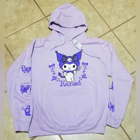 New With Tags Sanrio Kuromi Butterflies Purple Hoodie (Medium). Measurements Taken Flat: Pit To Pit: Approx 21 In Shoulder To Bottom Hem: Approx 25 In Sleeve: Approx 23.5 In Kuromi Hoodie, Sanrio Clothes, Purple Hoodie, Kitty Clothes, Hello Kitty Clothes, Cute Dress Outfits, Trendy Fashion Tops, High Heel Boots Ankle, Fashion Tops