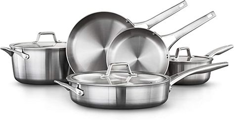 Calphalon 8-Piece Pots and Pans Set, Stainless Steel Kitchen Cookware with Stay-Cool Handles, Dishwasher Safe, Silver Calphalon Cookware, Casserole Set, Cookware Set Stainless Steel, Stainless Steel Pot, Pots And Pans Sets, Stainless Steel Cookware, Nonstick Cookware, Fry Pan, Stock Pot