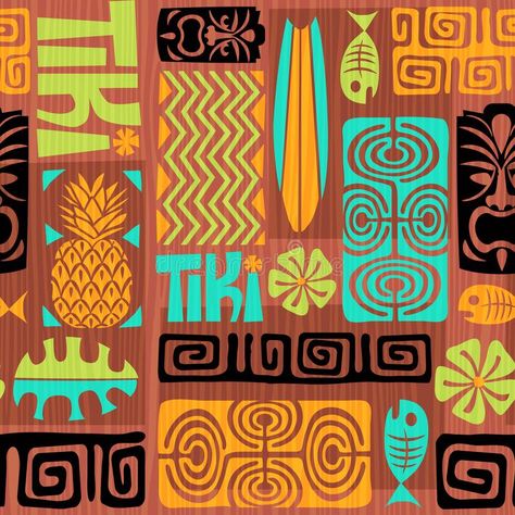 Seamless Exotic Tiki Pattern. Vector Illustration. Stock Vector - Illustration of shirt, flower: 110898364 Tiki Pop, Custom Table Cloth, Tiki Art, Orange Turquoise, Tiki Room, Tropical Art, Orange And Turquoise, Pattern Vector, Tiki Bar