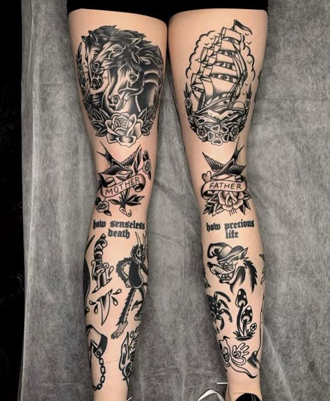 Tattooed Bodies, Traditional Thigh Tattoo, Traditional Tattoo Leg Sleeve, Old School Tattoo Sleeve, Back Of Thigh Tattoo, Thigh Tattoo Men, Tattoo Pierna, Tattoo 2023, Stomach Tattoos Women