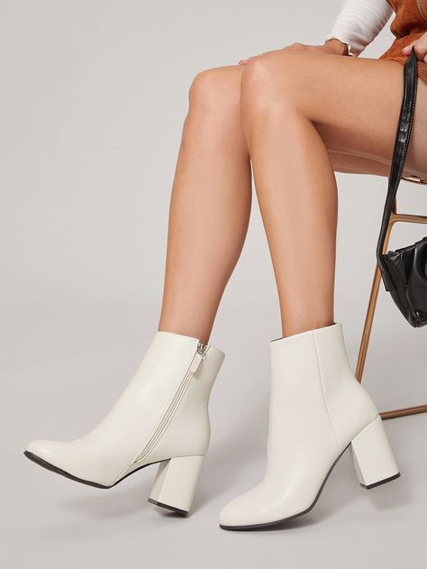 Almond Toe Side Zip Chunky Heel Ankle Boots Beige Elegant    Plain Classic Boots   Women Shoes, size features are:Bust: ,Length: ,Sleeve Length: Elegant Shoes Heels, White Leather Boots, White Ankle Boots, Chunky Heel Ankle Boots, Block Heel Ankle Boots, Heel Ankle Boots, Elegant Shoes, Boots Women Fashion, Leather Block Heels