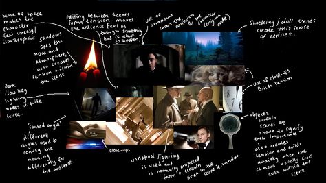 In this analysis poster we see a selection of films which include the Thriller Genre. IT talks about lighting, camera angles/shot sizes, and a little bit about mise-en-scene. Every point is associated with the conventions of Thriller and how these specific things help make the film a Thriller. Film Analysis, Film Class, Film Ideas, Types Of Shots, Camera Angles, Media Studies, Thriller Film, Moving Image, Movie Scenes