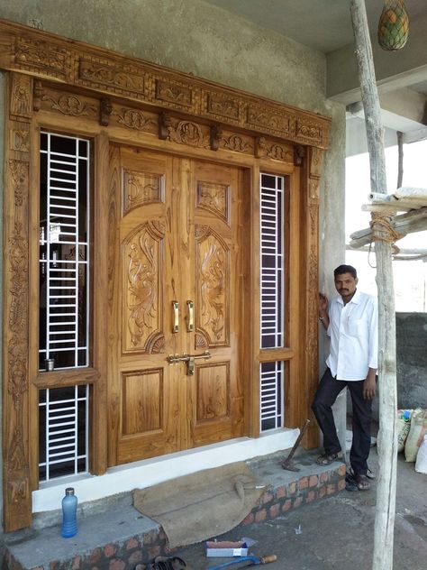 Wood Main Door Design, Teak Wood Main Door Design, Teak Wood Main Door, Wood Main Door, Temple Ideas, Puja Ghar, Advance Bravely, Luxury Ceiling Design, Door And Window Design