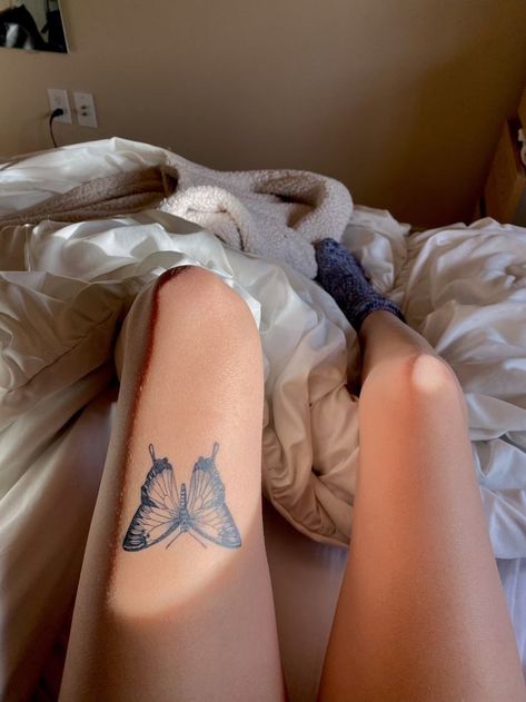 Cool Tats Thigh, Butterfly Tattoos Thigh, Thigh Tats For Women Butterfly, Butterfly Tattoo Upper Thigh, Shin Butterfly Tattoo, Butterfly On Thigh Tattoo, Thigh Tattoos Butterfly, Thigh Butterfly Tattoo Women, Butterfly On Leg Tattoo