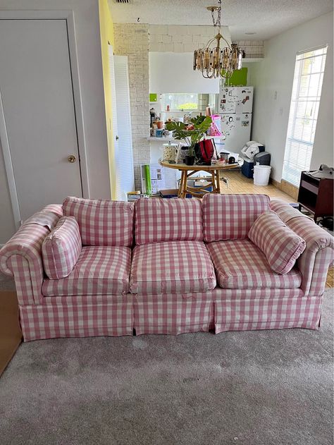 Pink Gingham Couch Gingham Couch Living Room, Pink Gingham Bedding, Gingham Couch, Pink Gingham Sheets, Pink Gingham Clothes, Plaid Couch, Pink Gingham Crochet Blanket, Striped Couch, Pink Gingham