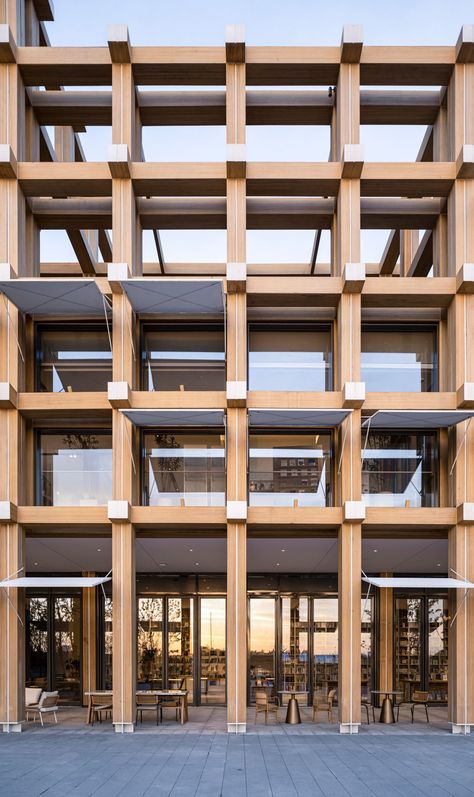 Gad completes Shaoxing rice wine exhibition centre with bamboo facade Mass Timber, Wooden Facade, Timber Architecture, Membrane Roof, Brick Chimney, Building Layout, Modular Structure, Timber Buildings, Reception Room