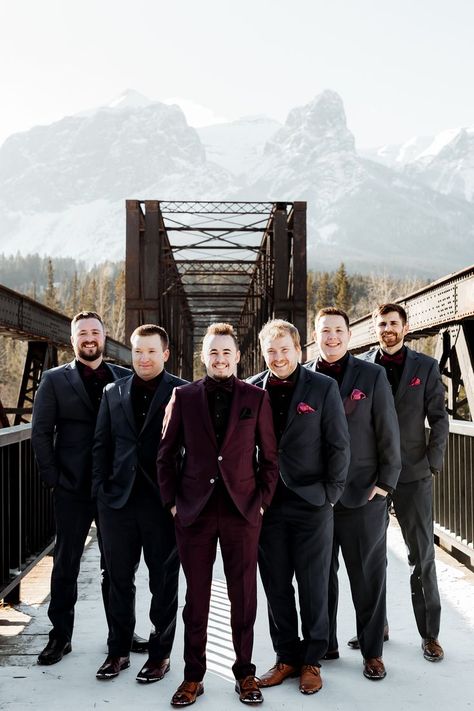 Mens Winter Wedding Attire, Winter Groomsmen Attire, Winter Wedding Groomsmen, Groomsmen Inspiration, Winter Wedding Attire, February Winter, Wedding Groomsmen Attire, Wedding Parties Pictures, Canmore Alberta