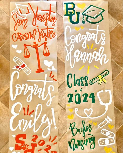 Loved making banners for these twins!! 💛💚🤍🧡 Painted Banner Ideas, College Banners, Brown Paper Banner, Painted Banners, Painted Banner, Senior Season, Painting Birthday Party, Grad Banner, Graduation Art