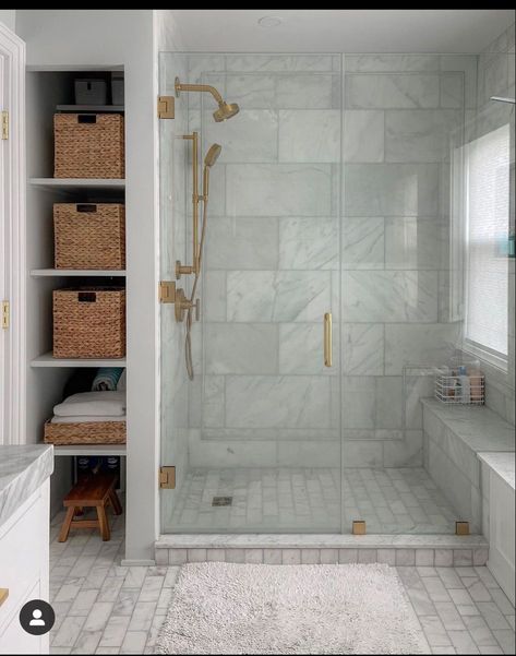 Walk In Shower With Shelves On The Side, Master Shower And Bath, Master Bathrooms With Gold Fixtures, Small Walk In Shower Tile Ideas, Mobile Home Bathroom Remodel Ideas, 48 X 36 Shower Ideas, Small Bathroom Steam Shower Ideas, Bathroom Standing Shower Ideas, Small Bathroom With Standup Shower Ideas