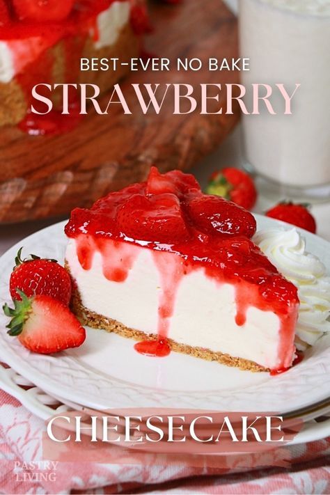 Perfectly light and smooth no-bake strawberry cheesecake. Give it a try if you are looking for a make-ahead dessert to "wow" your guests! 🍓 Easy No-bake Strawberry Cheesecake Lasagna Recipe, Strawberry Cheesecake Recipe Easy No Bake, Strawberry Cheesecake Recipe Easy, Fresh Strawberry Topping, Strawberry Cheesecake No Bake, Best No Bake Cheesecake, No Bake Strawberry Cheesecake, Cheesecake Recipes Philadelphia, Easy Strawberry Jam